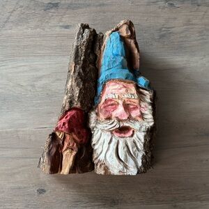 Jolly Hand Carved and Painted Gnome with Mushroom Wall Art. One of a Kind.
